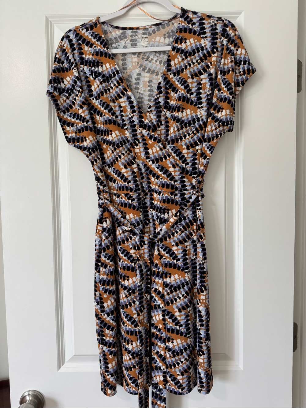 Nine West Geometric Wrap Dress in Brown, Black & White